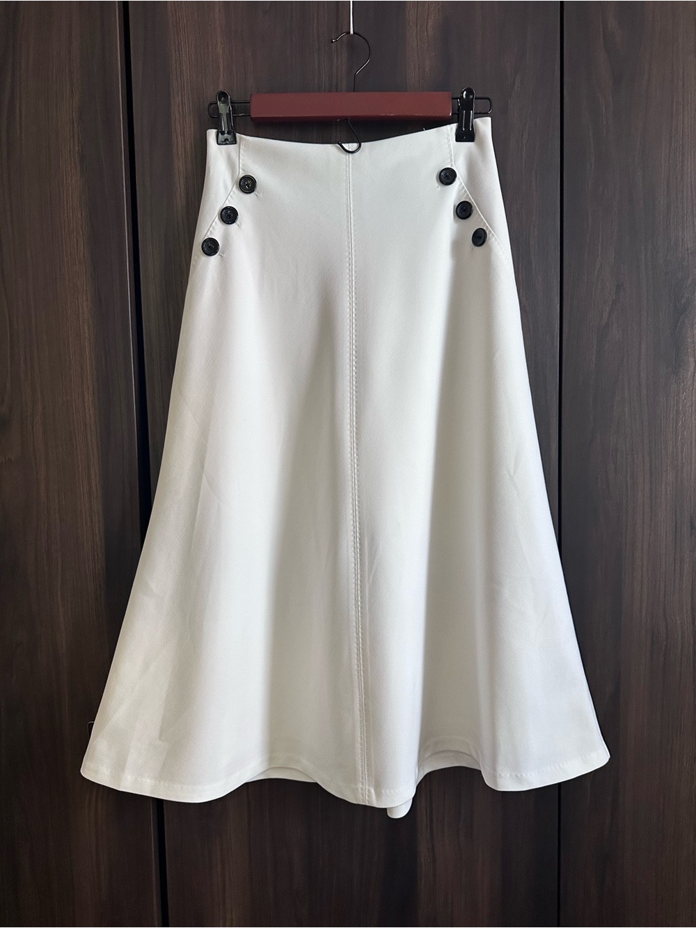 White House Black Market White A-Line Midi Skirt with Black Button Accents